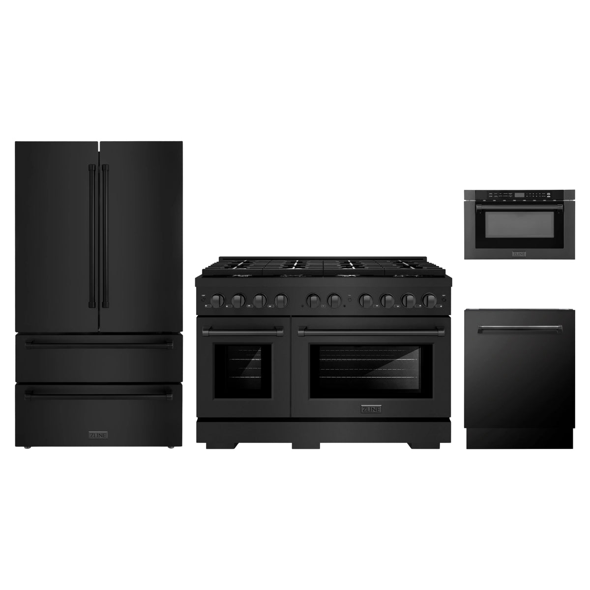 ZLINE 4-Piece Appliance Package - 48-Inch Paramount Dual Fuel Range, Refrigerator, Dishwasher, and 24-Inch Microwave Drawer in Black Stainless Steel