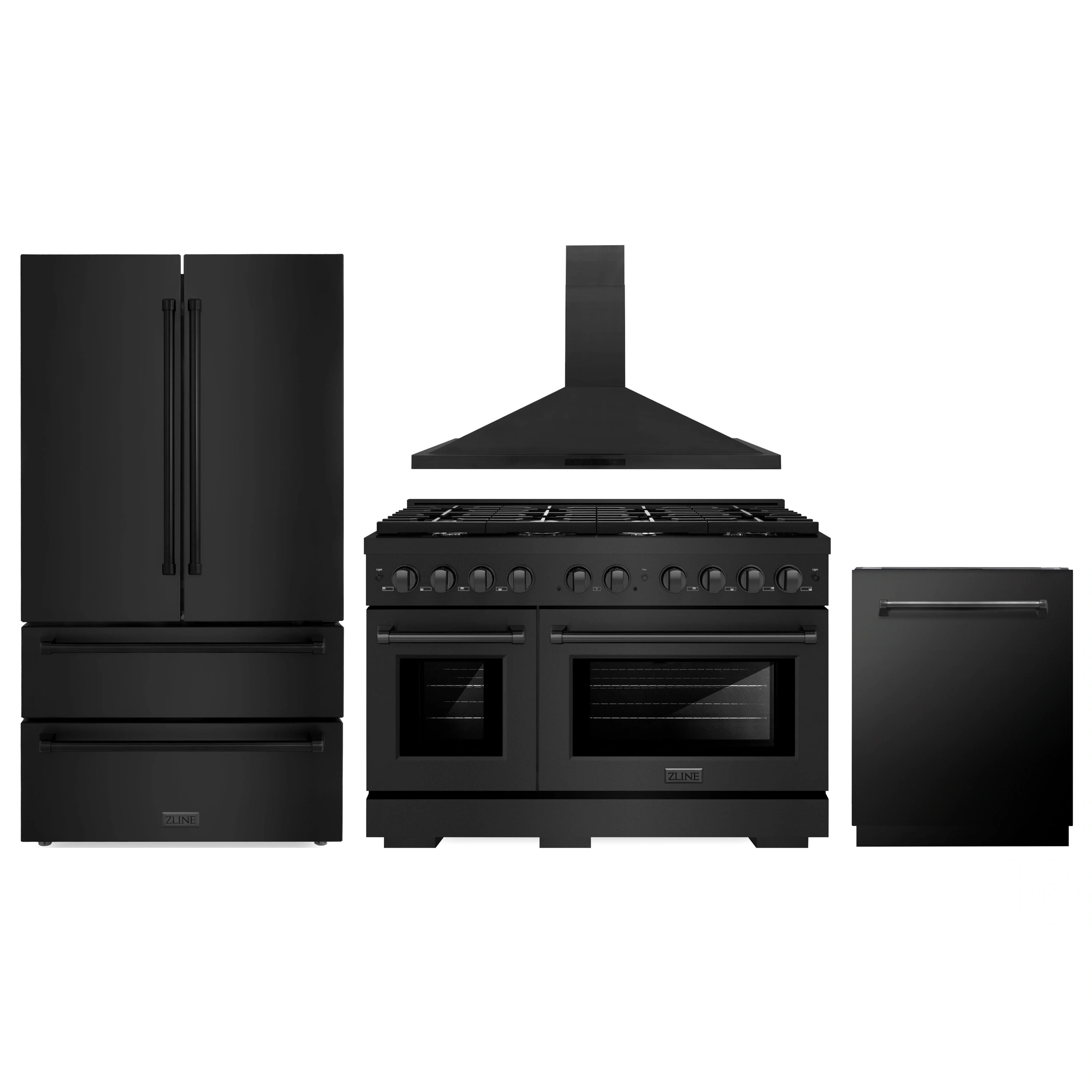 Black stainless steel cooking range, dishwasher, and compact refrigerator set