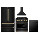 ZLINE 4-Piece Appliance Package - 30-Inch Paramount Dual Fuel Range, Wall Mount Range Hood, 36-Inch French Door Refrigerator, Dishwasher, in Black Stainless Steel with Champagne Bronze Accents