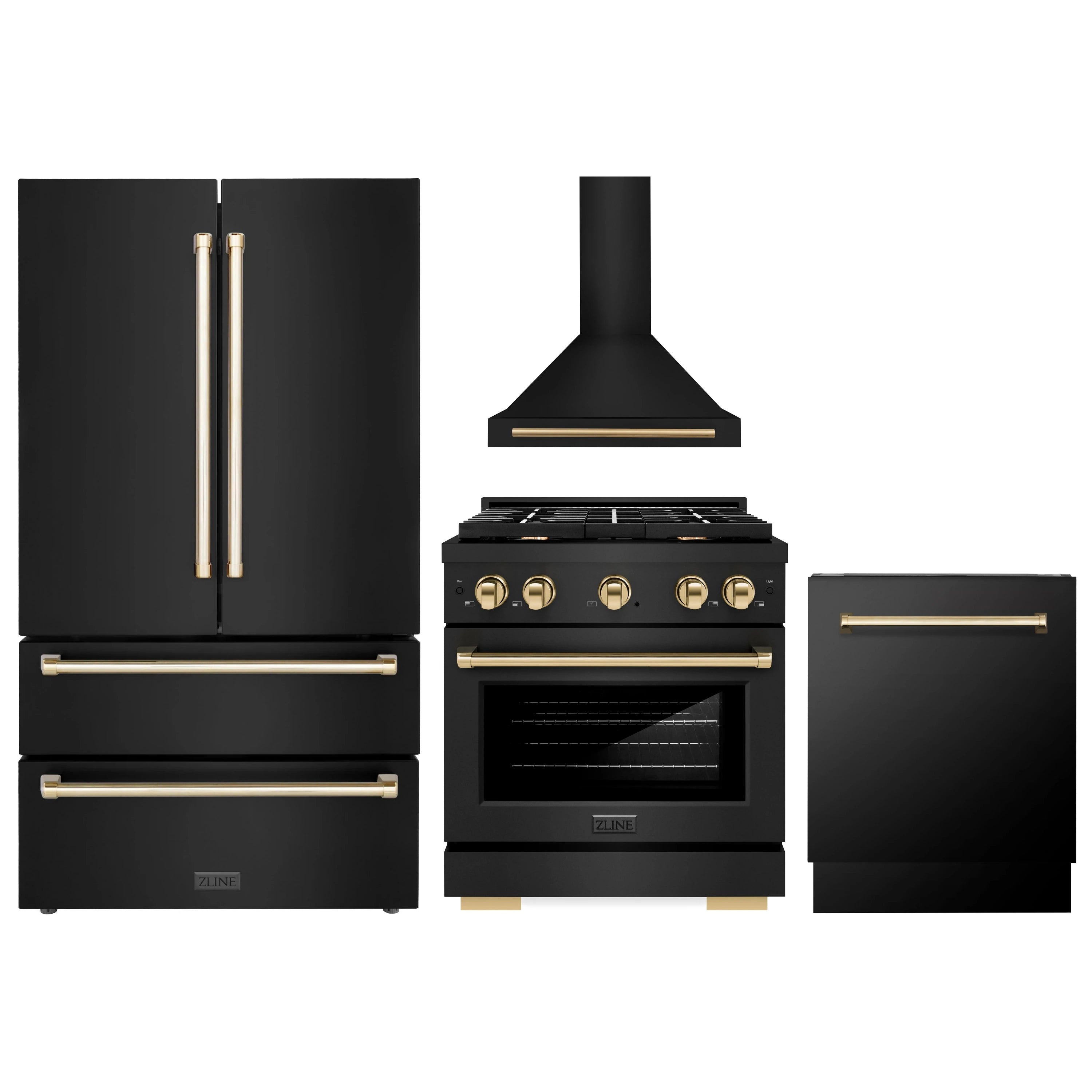 Black appliance package with gold accents: refrigerator, range, hood, and dishwasher