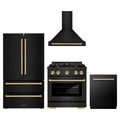 ZLINE 4-Piece Appliance Package - 30-Inch Paramount Dual Fuel Range, Wall Mount Range Hood, 36-Inch French Door Refrigerator, Dishwasher, in Black Stainless Steel with Gold Accents