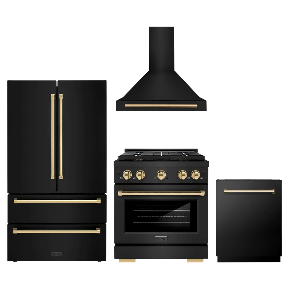ZLINE 4-Piece Appliance Package - 30-Inch Paramount Dual Fuel Range, Wall Mount Range Hood, 36-Inch French Door Refrigerator, Dishwasher, in Black Stainless Steel with Gold Accents