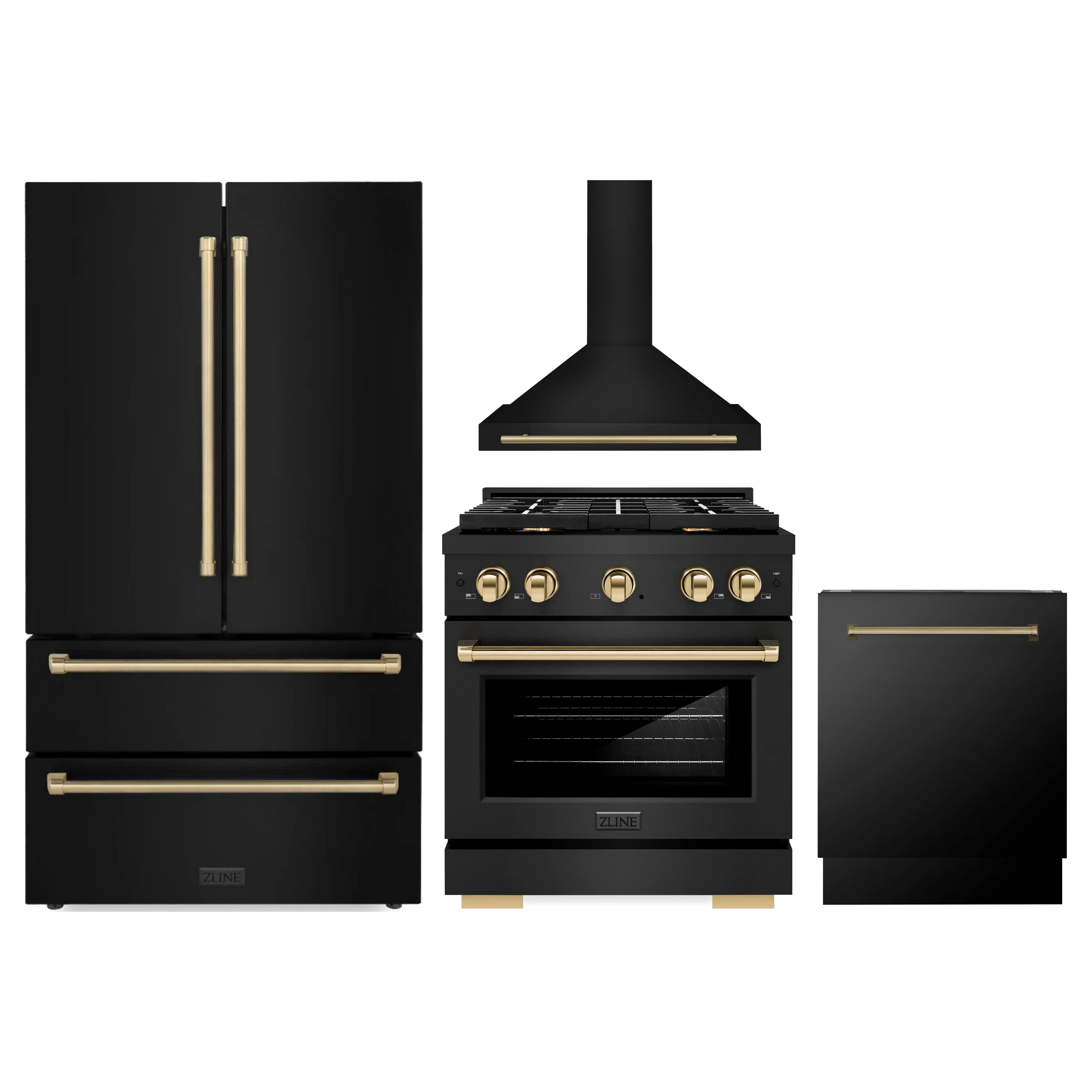Kitchen appliance set: black refrigerator, dual-fuel range, and wall hood with gold accents