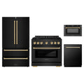 ZLINE 4-Piece Appliance Package - 36-Inch Paramount Dual Fuel Range, Refrigerator, Dishwasher, and 24-Inch Microwave Drawer in Black Stainless Steel with Gold Accents