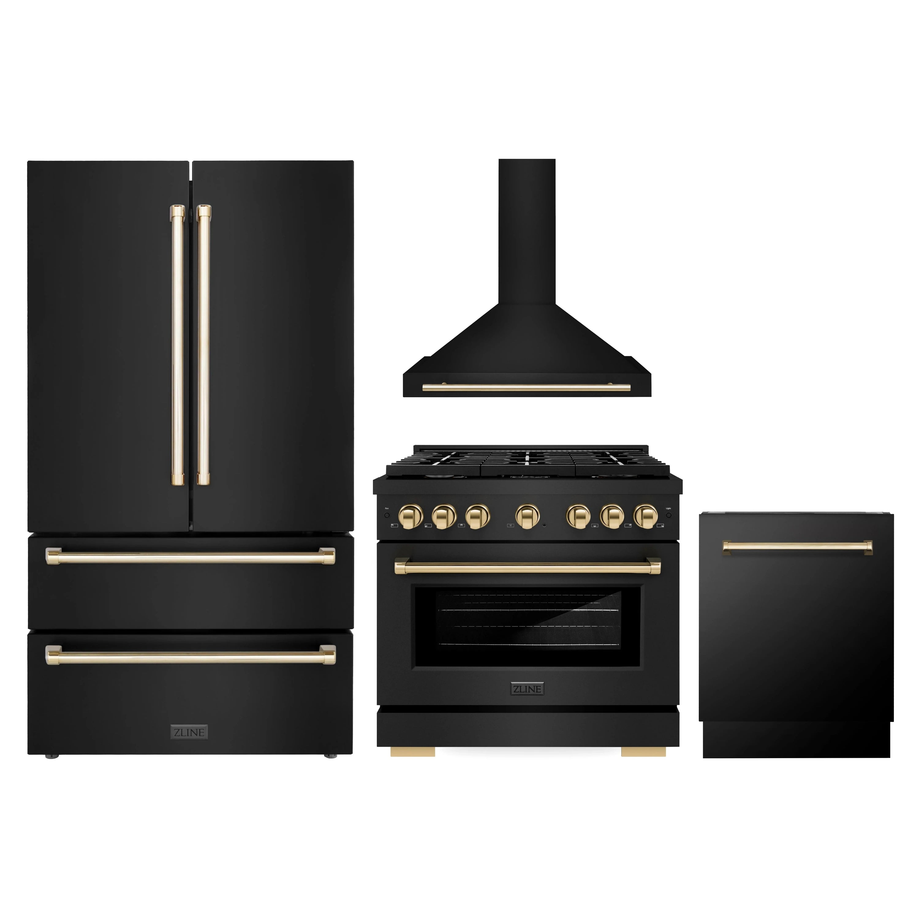 Black stainless steel appliance set with gold accents, including refrigerator and range