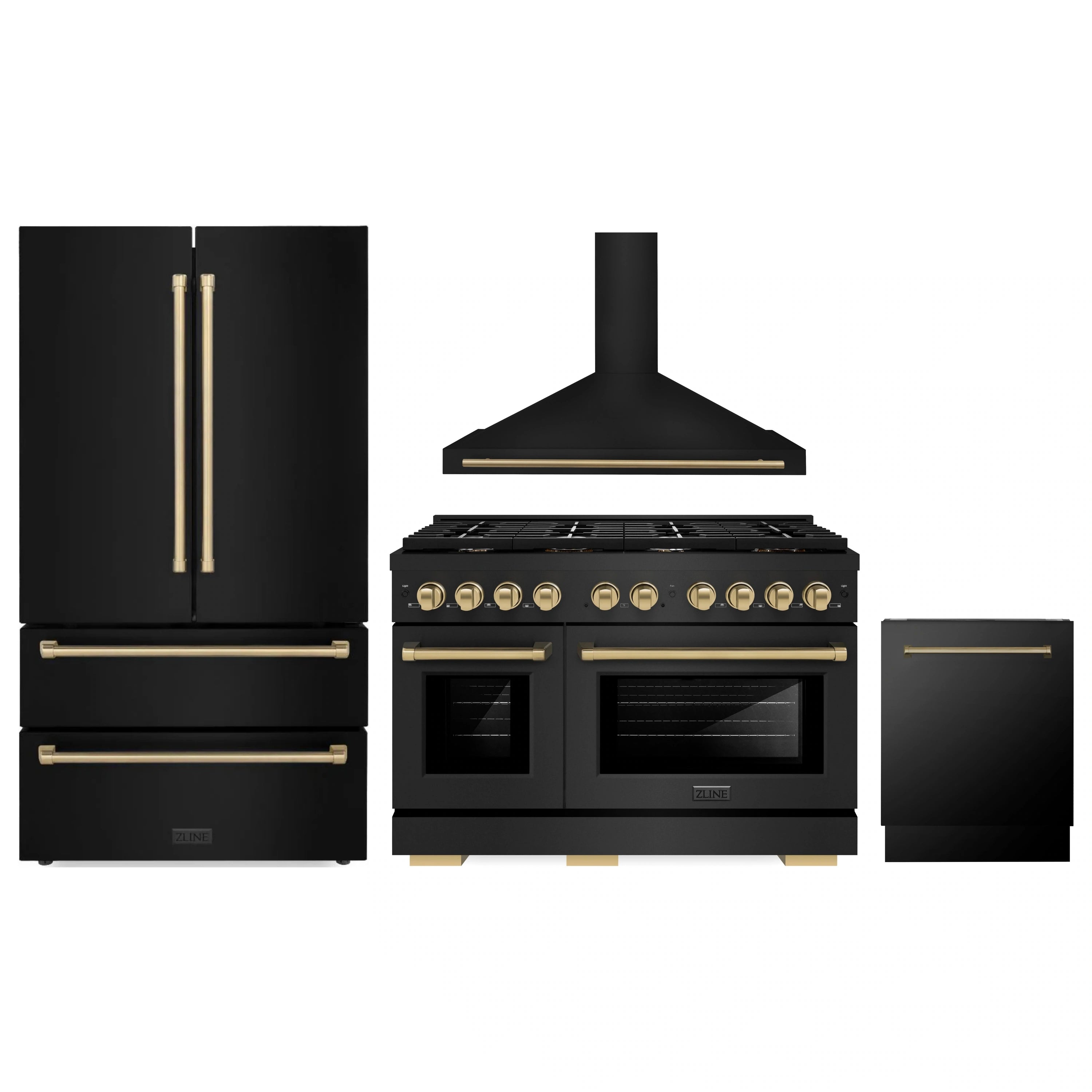 4-piece black stainless appliance package with bronze accents: range, hood, fridge, dishwasher