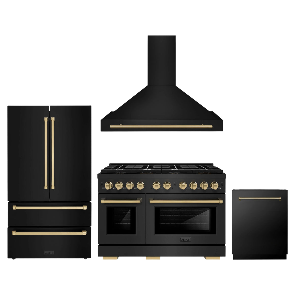 ZLINE 4-Piece Appliance Package - 48-Inch Paramount Dual Fuel Range, Wall Mount Range Hood, 36-Inch French Door Refrigerator, Dishwasher, in Black Stainless Steel with Champagne Bronze Accents