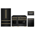 ZLINE 4-Piece Appliance Package - 48-Inch Paramount Dual Fuel Range, Refrigerator, Dishwasher, and 24-Inch Microwave Drawer in Black Stainless Steel with Gold Accents