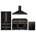 ZLINE 4-Piece Appliance Package - 48-Inch Paramount Dual Fuel Range, Wall Mount Range Hood, 36-Inch French Door Refrigerator, Dishwasher, in Black Stainless Steel with Gold Accents