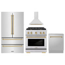 ZLINE 4-Piece Appliance Package - 30-Inch Paramount Autograph Dual Fuel Range, Wall Mount Range Hood, 36-Inch French Door Refrigerator, Dishwasher, in Stainless Steel with Champagne Bronze Accents