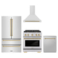 ZLINE 4-Piece Appliance Package - 30-Inch Paramount Autograph Dual Fuel Range, Wall Mount Range Hood, 36-Inch French Door Refrigerator, Dishwasher, in Stainless Steel with Champagne Bronze Accents