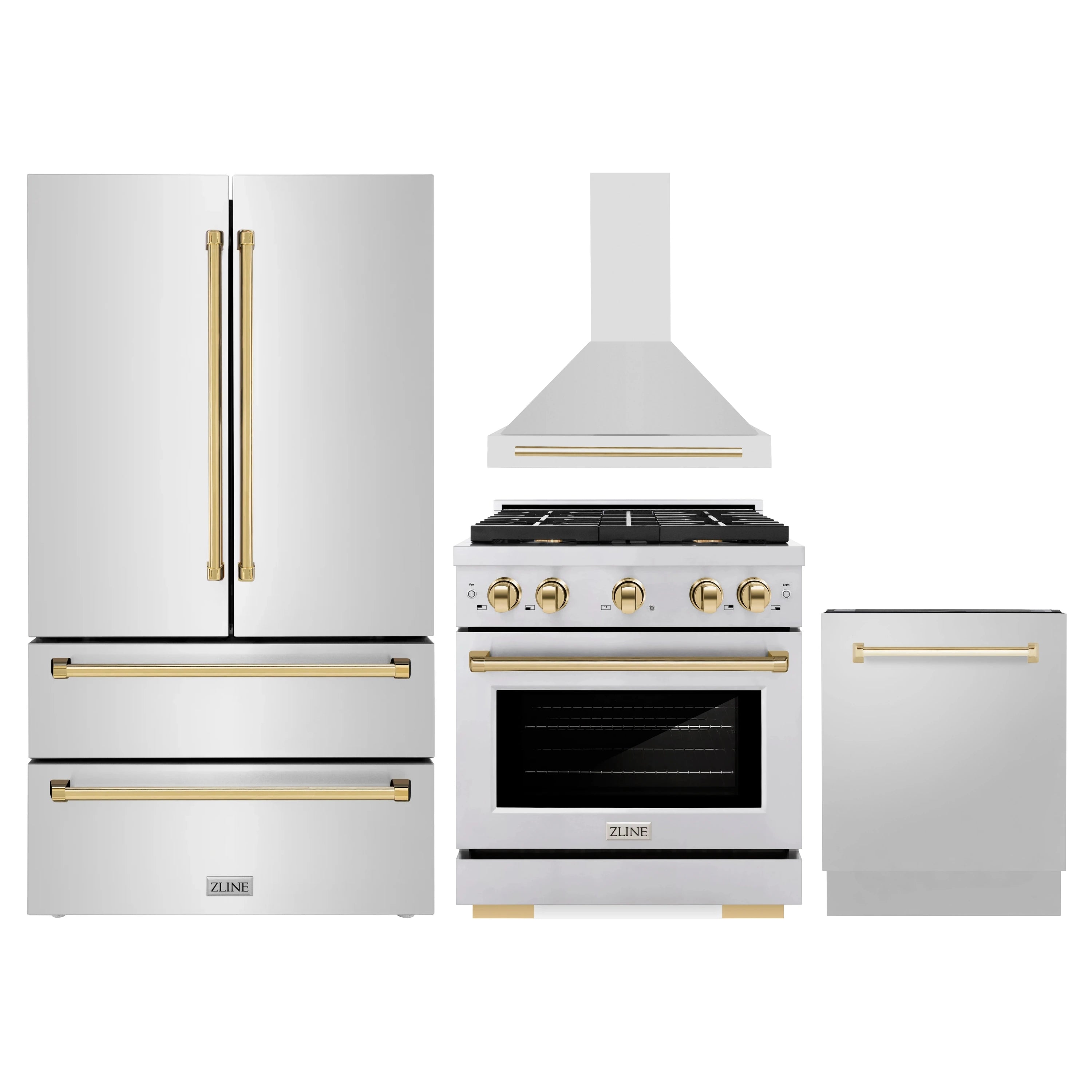 Appliance package: stainless steel fridge, dual fuel range, hood, dishwasher with gold trim
