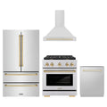 ZLINE 4-Piece Appliance Package - 30-Inch Paramount Autograph Dual Fuel Range, Wall Mount Range Hood, 36-Inch French Door Refrigerator, Dishwasher, in Stainless Steel with Gold Accents