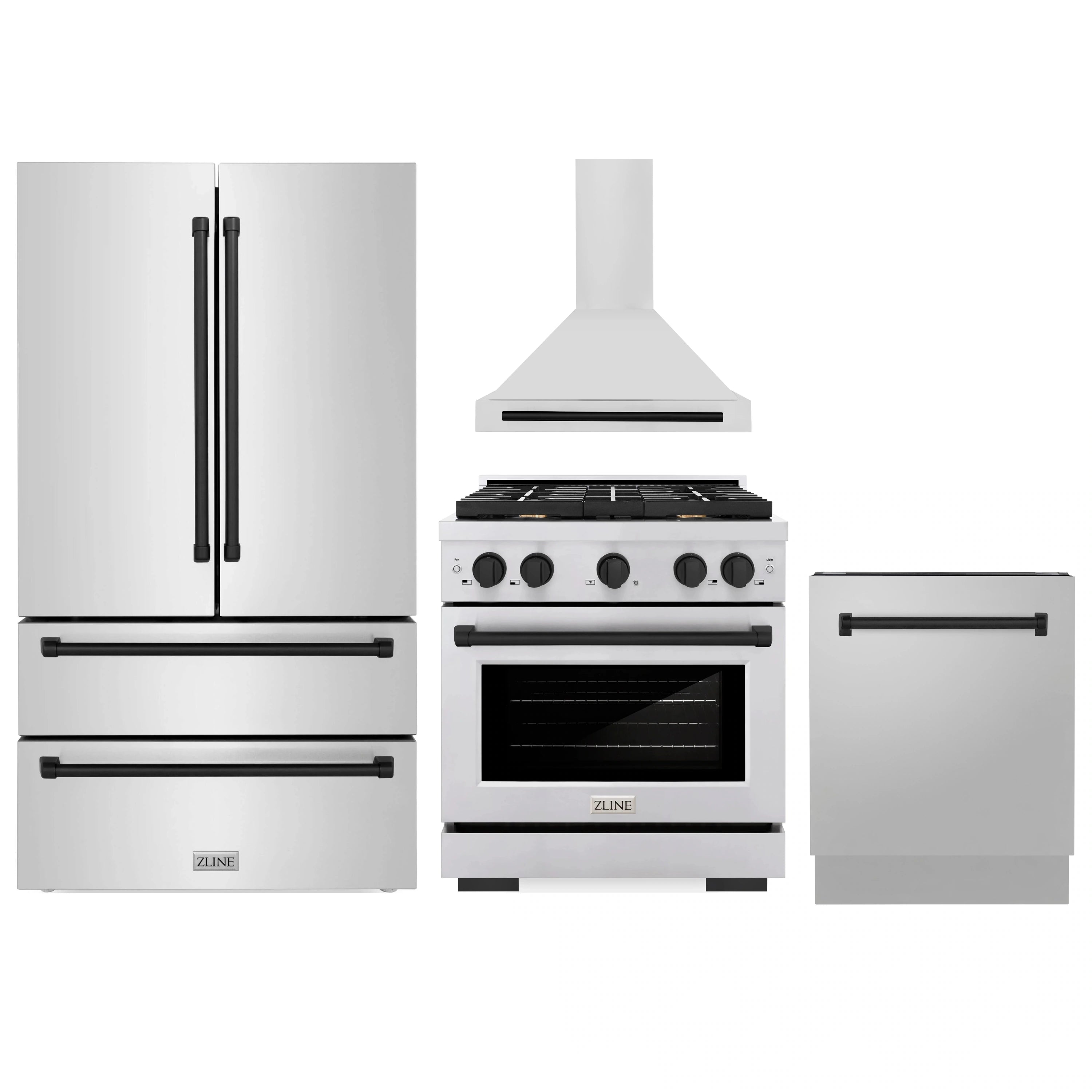 Stainless steel 4-piece kitchen appliance package with range, hood, and refrigerator units