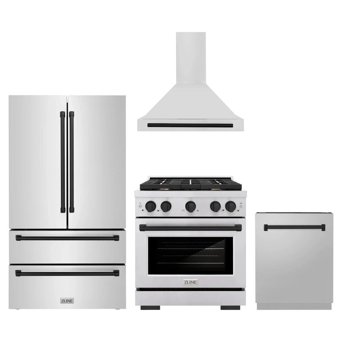 ZLINE 4-Piece Appliance Package - 30-Inch Paramount Autograph Dual Fuel Range, Wall Mount Range Hood, 36-Inch French Door Refrigerator, Dishwasher, in Stainless Steel with Matte Black Accents