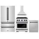 ZLINE 4-Piece Appliance Package - 30-Inch Paramount Autograph Dual Fuel Range, Wall Mount Range Hood, 36-Inch French Door Refrigerator, Dishwasher, in Stainless Steel with Matte Black Accents