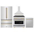 ZLINE 4-Piece Appliance Package - 36-Inch Paramount Autograph Dual Fuel Range, Wall Mount Range Hood, 36-Inch French Door Refrigerator, Dishwasher, in Stainless Steel with Champagne Bronze Accents