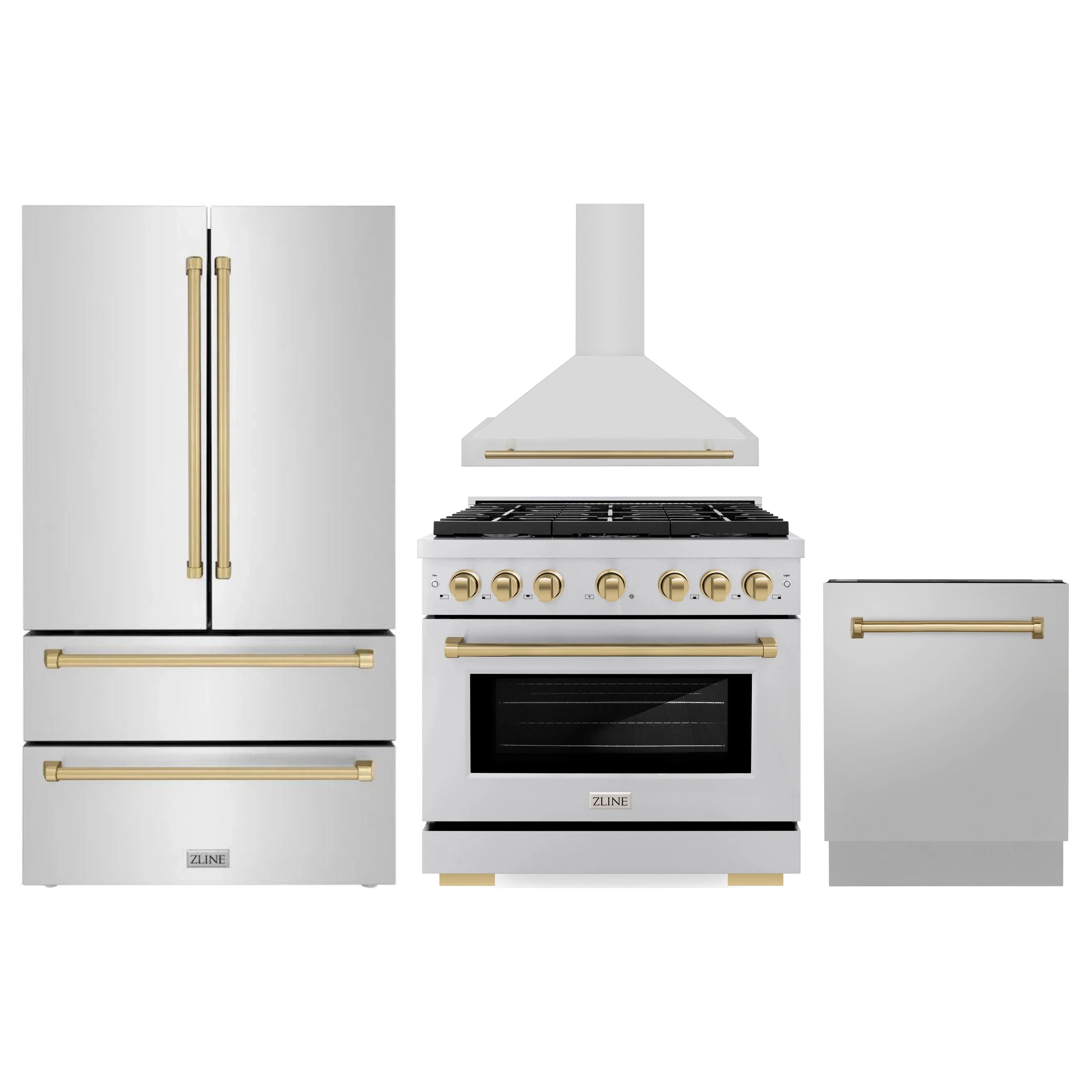 Stainless steel appliance package with range, range hood, refrigerator, and dishwasher