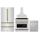 ZLINE 4-Piece Appliance Package - 36-Inch Paramount Autograph Dual Fuel Range, Wall Mount Range Hood, 36-Inch French Door Refrigerator, Dishwasher, in Stainless Steel with Champagne Bronze Accents