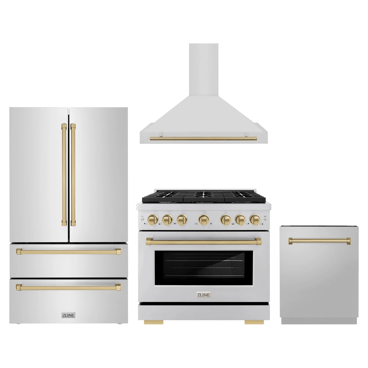 ZLINE 4-Piece Appliance Package - 36-Inch Paramount Autograph Dual Fuel Range, Wall Mount Range Hood, 36-Inch French Door Refrigerator, Dishwasher, in Stainless Steel with Champagne Bronze Accents