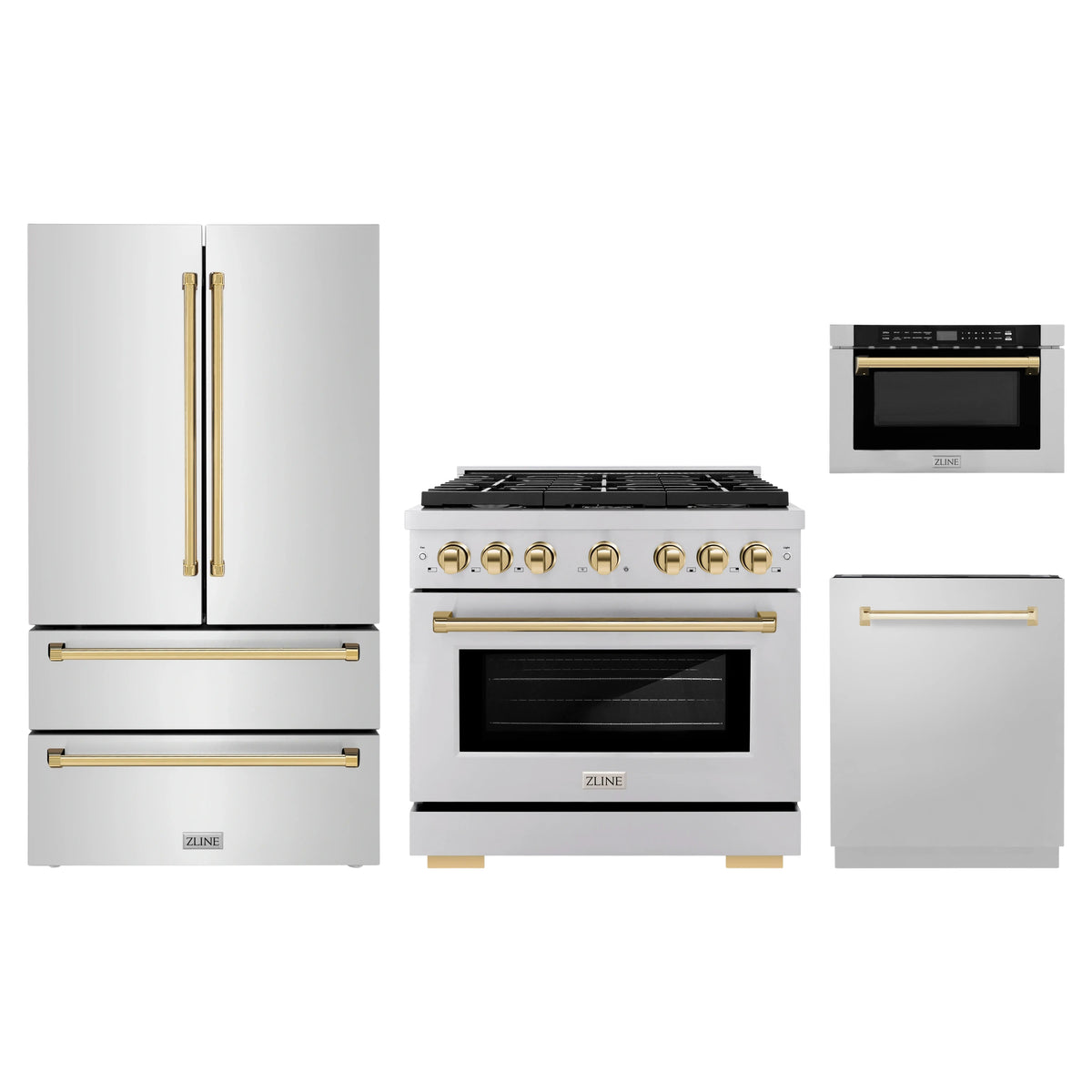 ZLINE 4-Piece Appliance Package - 36-Inch Paramount Dual Fuel Range, Refrigerator, Dishwasher, and 24-Inch Microwave Drawer in Stainless Steel with Gold Accents