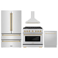 ZLINE 4-Piece Appliance Package - 36-Inch Paramount Autograph Dual Fuel Range, Wall Mount Range Hood, 36-Inch French Door Refrigerator, Dishwasher, in Stainless Steel with Gold Accents