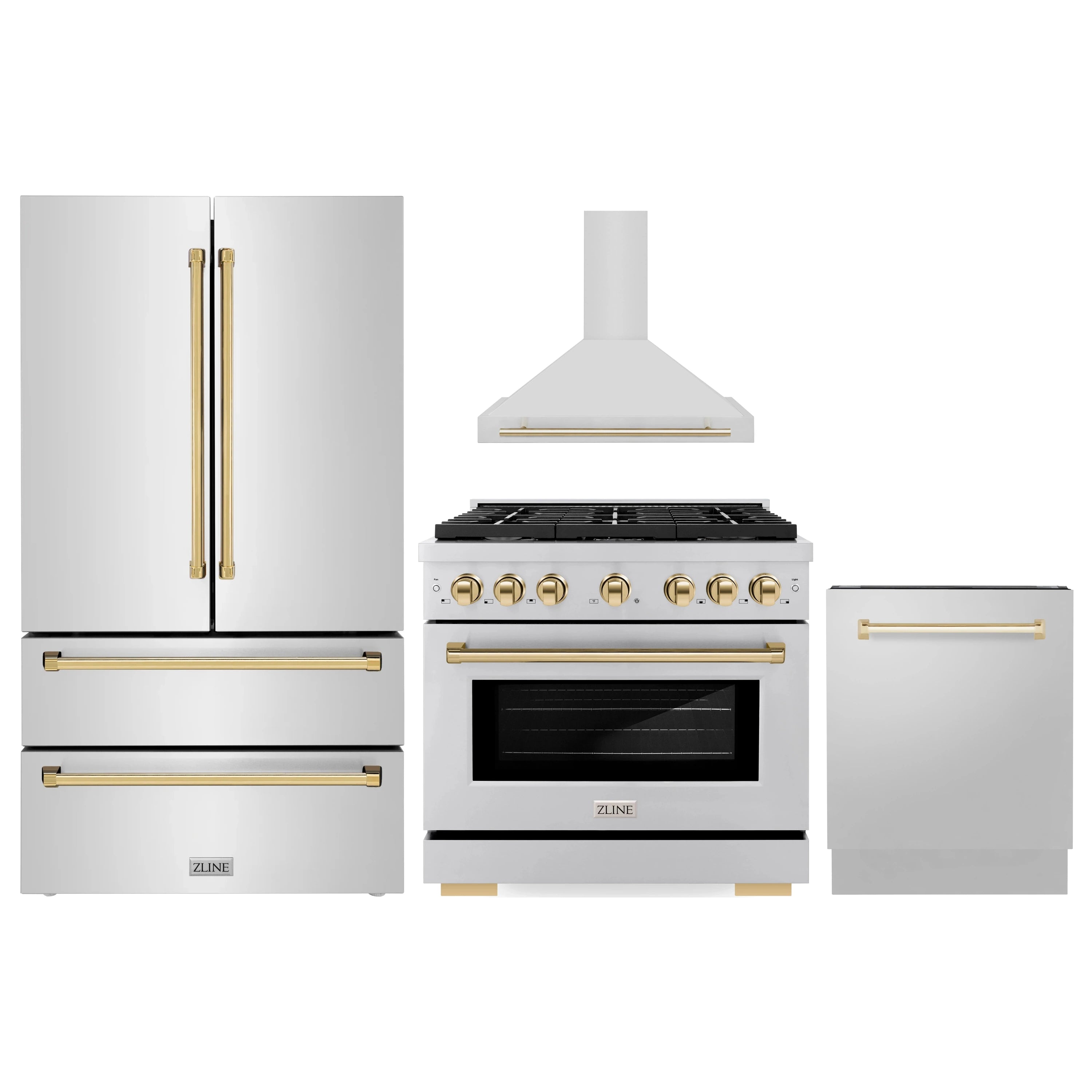 Four-piece kitchen appliance set: refrigerator, range, hood, dishwasher in white with gold accents