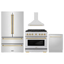ZLINE 4-Piece Appliance Package - 36-Inch Paramount Autograph Dual Fuel Range, Wall Mount Range Hood, 36-Inch French Door Refrigerator, Dishwasher, in Stainless Steel with Gold Accents