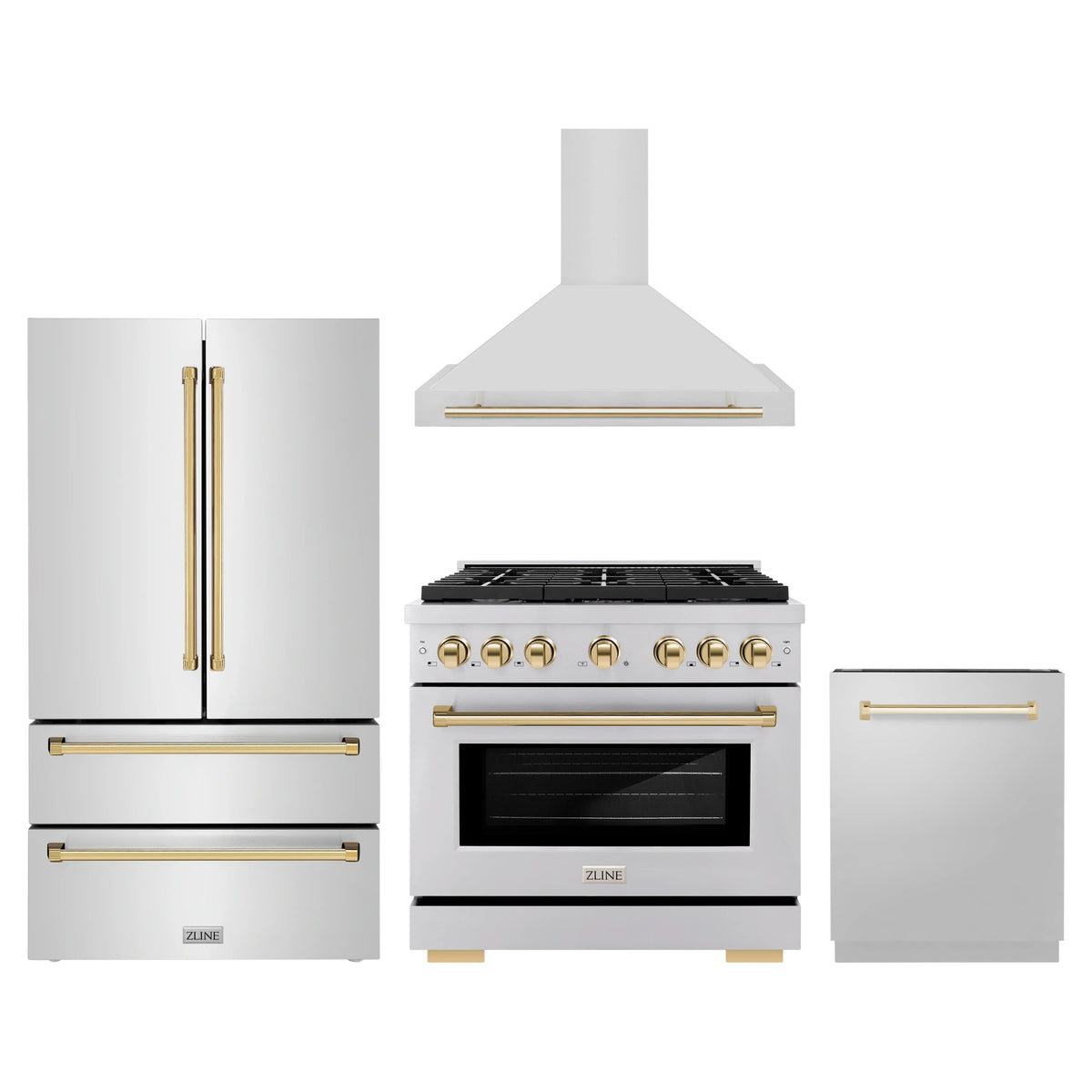ZLINE 4-Piece Appliance Package - 36-Inch Paramount Autograph Dual Fuel Range, Wall Mount Range Hood, 36-Inch French Door Refrigerator, Dishwasher, in Stainless Steel with Gold Accents