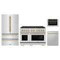 ZLINE 4-Piece Appliance Package - 48-Inch Paramount Dual Fuel Range, Refrigerator, Dishwasher, and 24-Inch Microwave Drawer in Stainless Steel with Champagne Bronze Accents