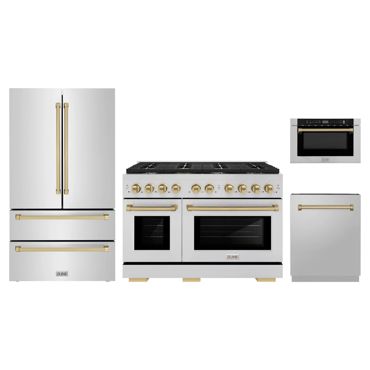 ZLINE 4-Piece Appliance Package - 48-Inch Paramount Dual Fuel Range, Refrigerator, Dishwasher, and 24-Inch Microwave Drawer in Stainless Steel with Champagne Bronze Accents