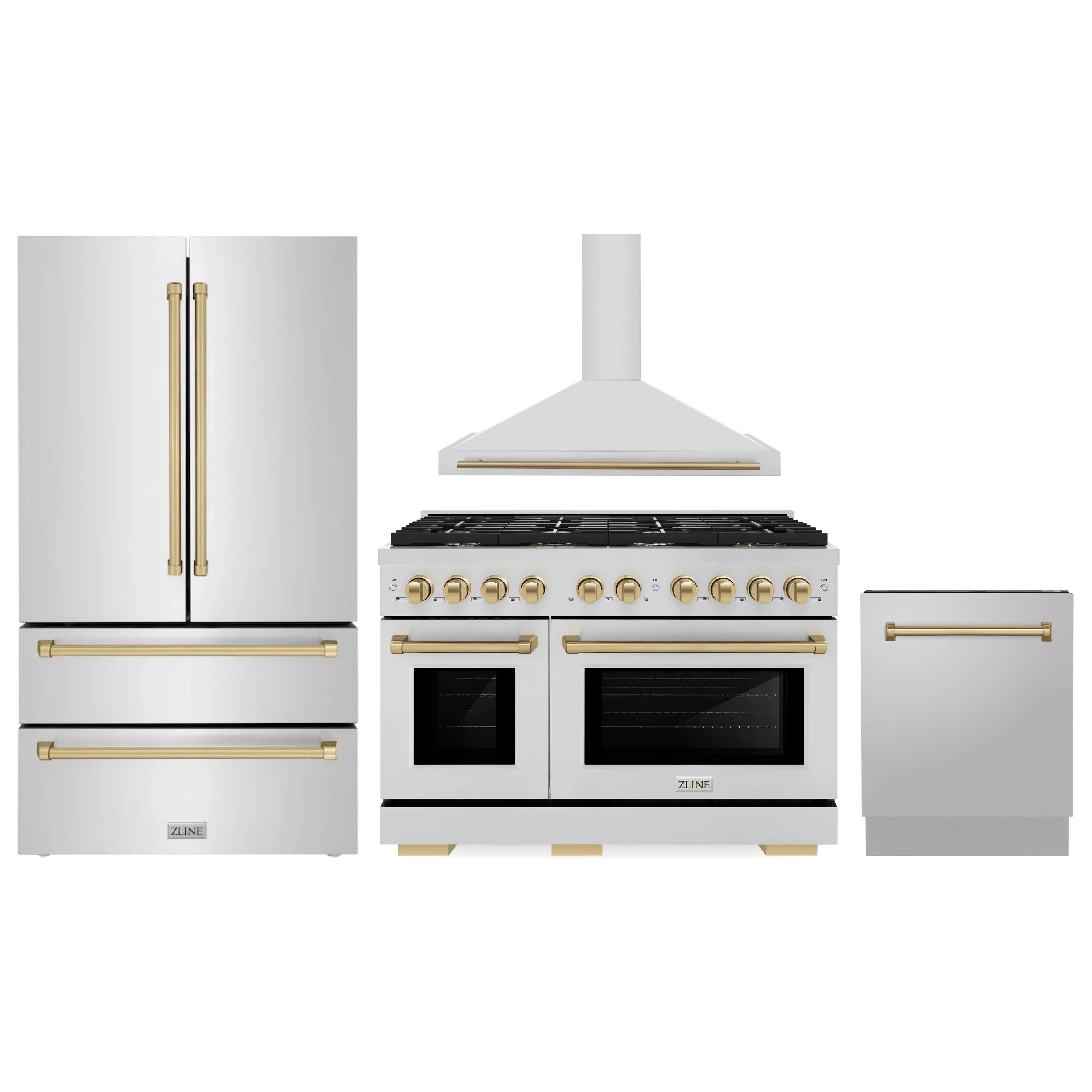 Stainless steel appliance package with dual fuel range, wall hood, fridge, and dishwasher