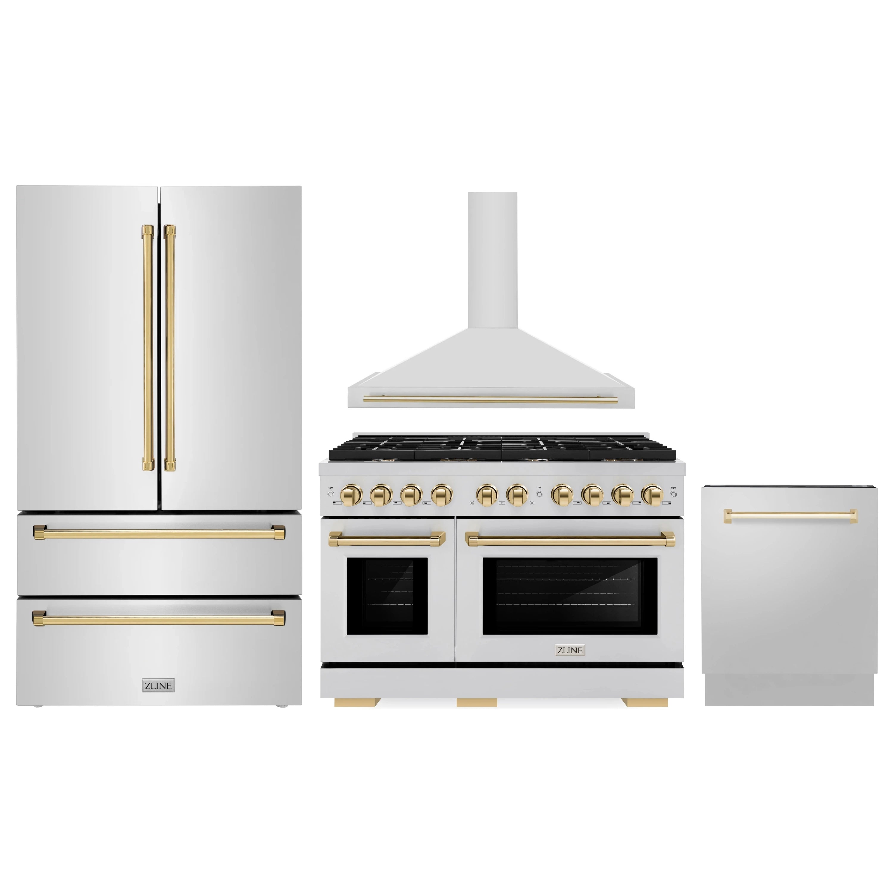 Stainless ZLINE dual fuel range with gold accents, plus refrigerator and dishwasher panels