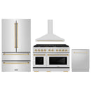 ZLINE 4-Piece Appliance Package - 48-Inch Paramount Autograph Dual Fuel Range, Wall Mount Range Hood, 36-Inch French Door Refrigerator, Dishwasher, in Stainless Steel with Gold Accents