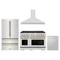 ZLINE 4-Piece Appliance Package - 48-Inch Paramount Autograph Dual Fuel Range, Wall Mount Range Hood, 36-Inch French Door Refrigerator, Dishwasher, in Stainless Steel with Gold Accents