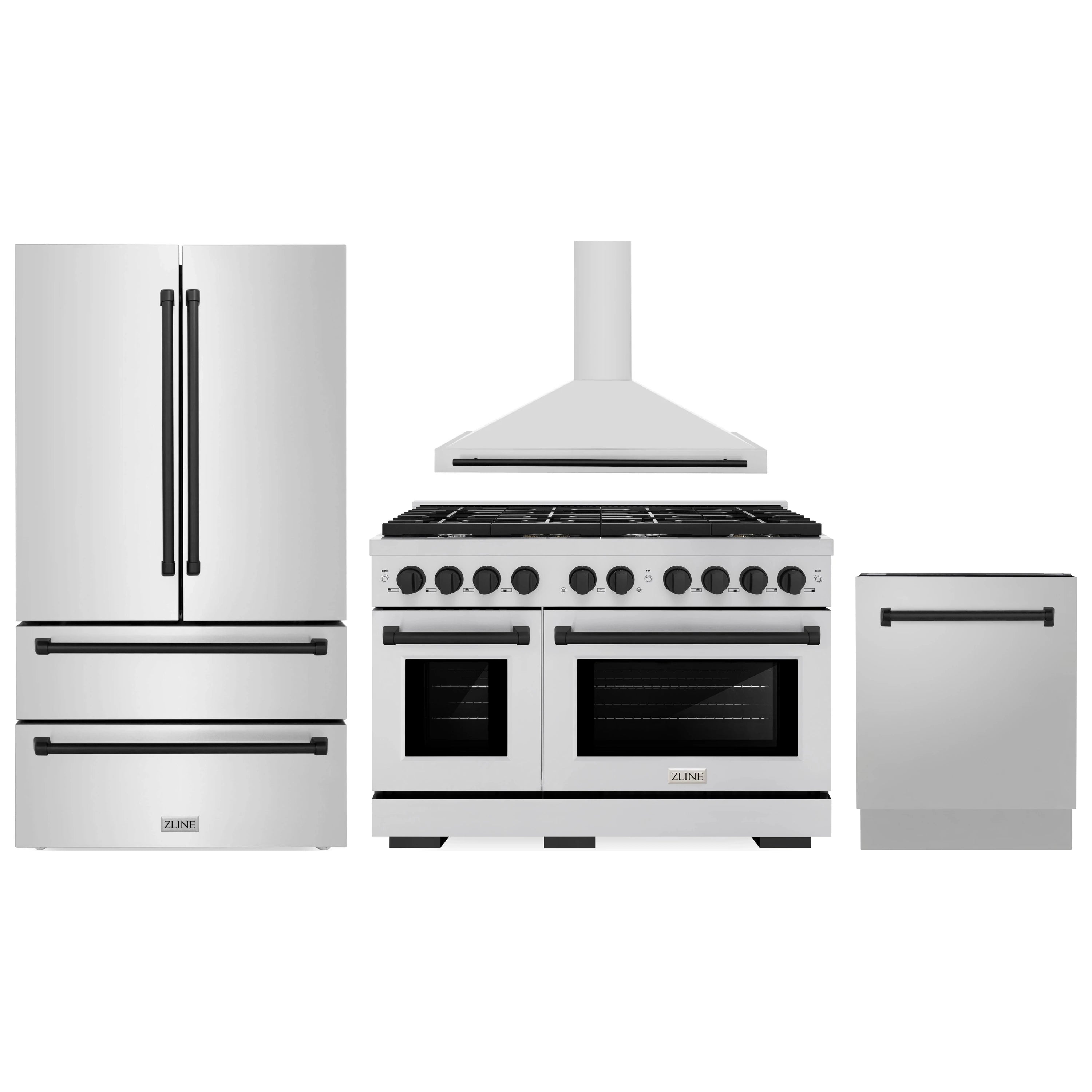 Stainless steel appliance package set with range, range hood, and refrigerator
