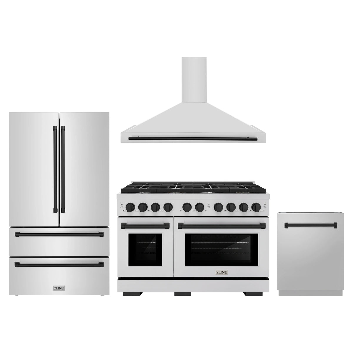 ZLINE 4-Piece Appliance Package - 48-Inch Paramount Autograph Dual Fuel Range, Wall Mount Range Hood, 36-Inch French Door Refrigerator, Dishwasher, in Stainless Steel with Matte Black Accents