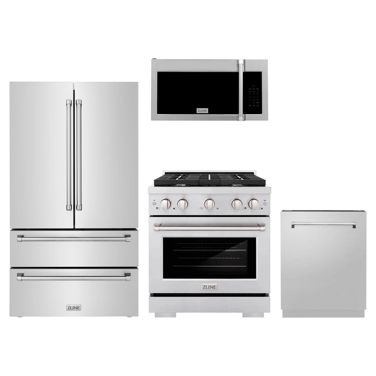 ZLINE 4-Piece Appliance Package - 30-Inch Gas Range, Refrigerator, Tall Tub Dishwasher, & Over-the-Range Microwave in Stainless Steel