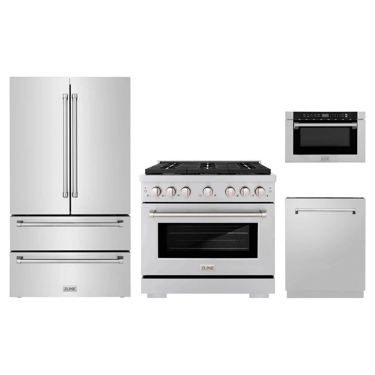 ZLINE 4-Piece Appliance Package - 36-Inch Paramount Gas Range, Refrigerator, Dishwasher, and 24-Inch Microwave Drawer in Stainless Steel