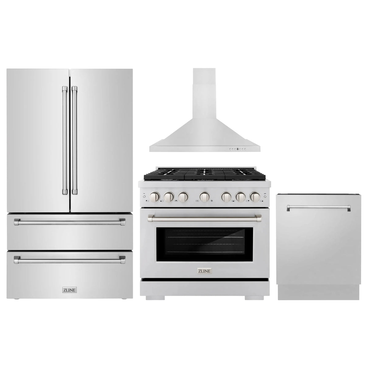 ZLINE 4-Piece Appliance Package - 36-Inch Gas Range, Refrigerator, Convertible Wall Mount Hood, and 3-Rack Dishwasher in Stainless Steel (4KPR-SGRRH36-DWV)