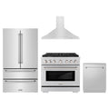 ZLINE 4-Piece Appliance Package - 36-Inch Gas Range, Refrigerator, Convertible Wall Mount Hood, and 3-Rack Dishwasher in Stainless Steel
