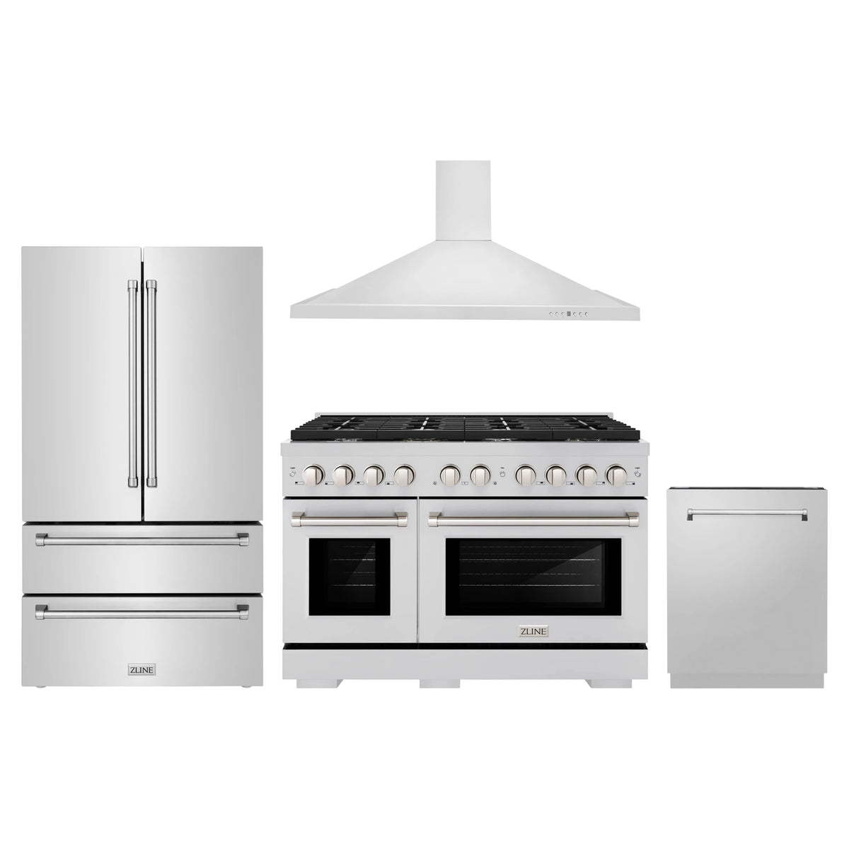 ZLINE 4-Piece Appliance Package - 48-inch Gas Range, 36-inch Refrigerator, Convertible Wall Mount Hood, and 3-Rack Dishwasher in Stainless Steel