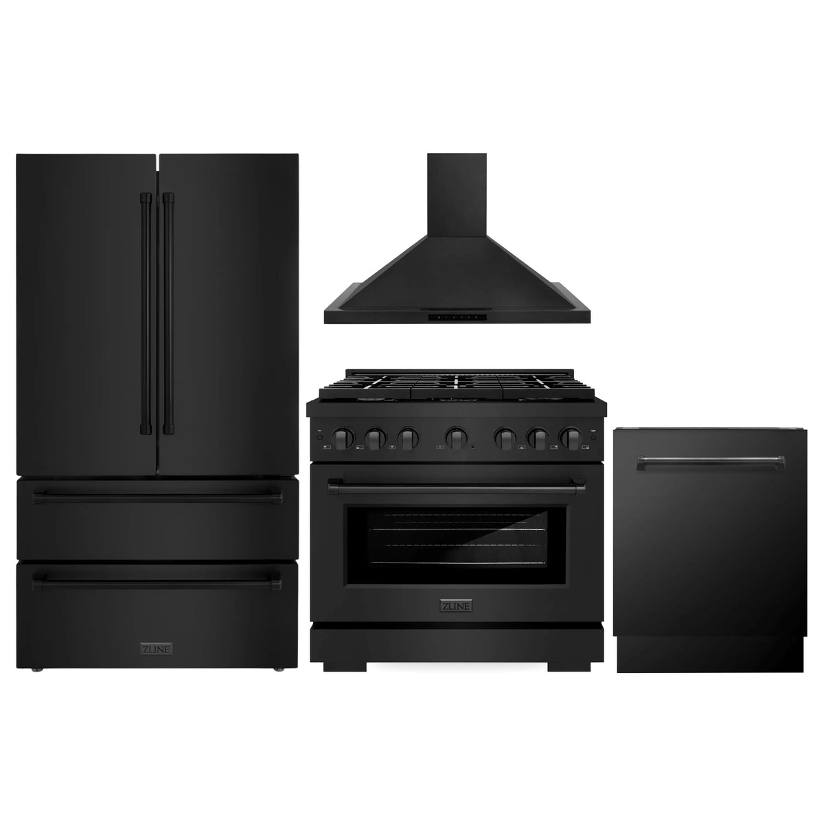 ZLINE 4-Piece Appliance Package - 36-Inch Gas Range, Refrigerator, Convertible Wall Mount Hood, and 3-Rack Dishwasher in Black Stainless Steel (4KPR-SGRBRH36-DWV)