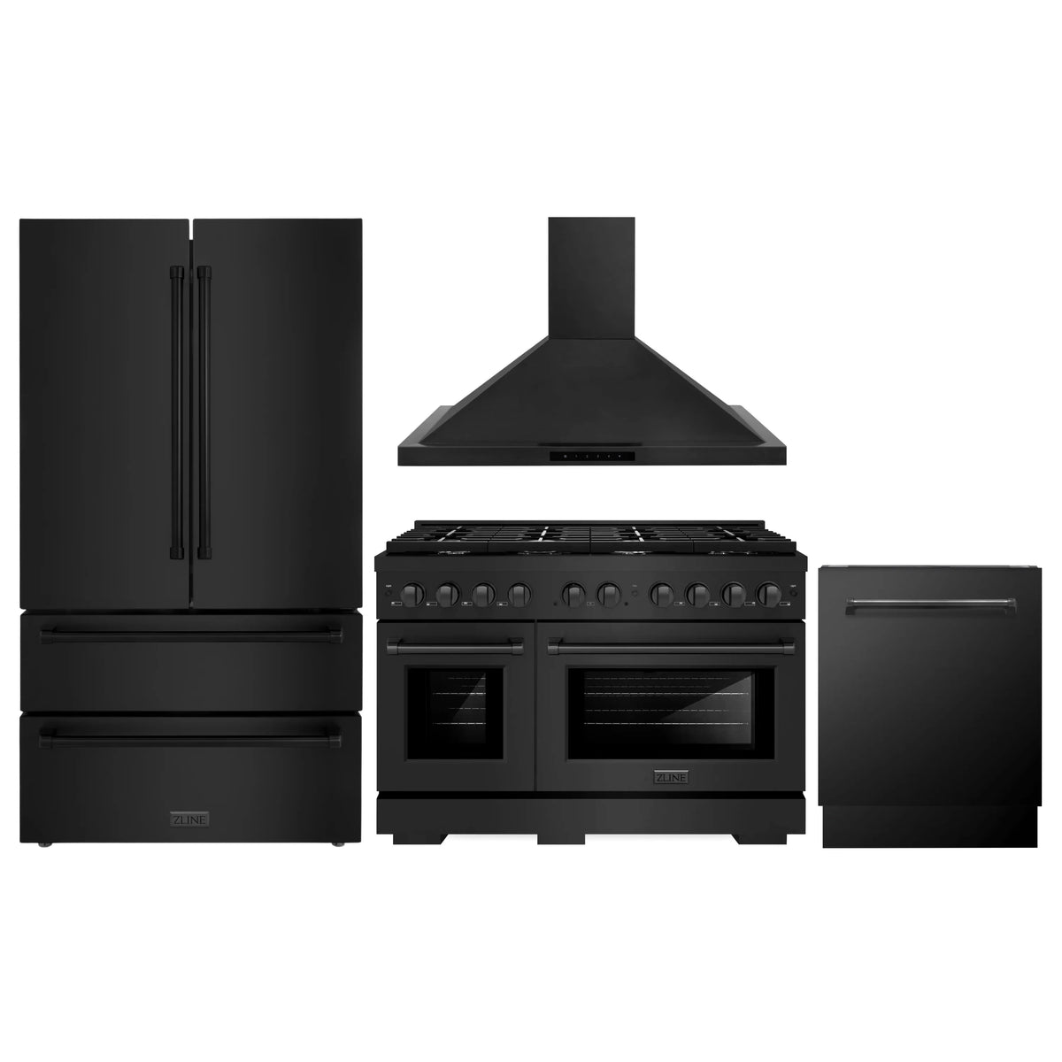 ZLINE 4-Piece Appliance Package - 48-Inch Gas Range, Refrigerator, Convertible Wall Mount Hood, and 3-Rack Dishwasher in Black Stainless Steel (4KPR-SGRBRH48-DWV)