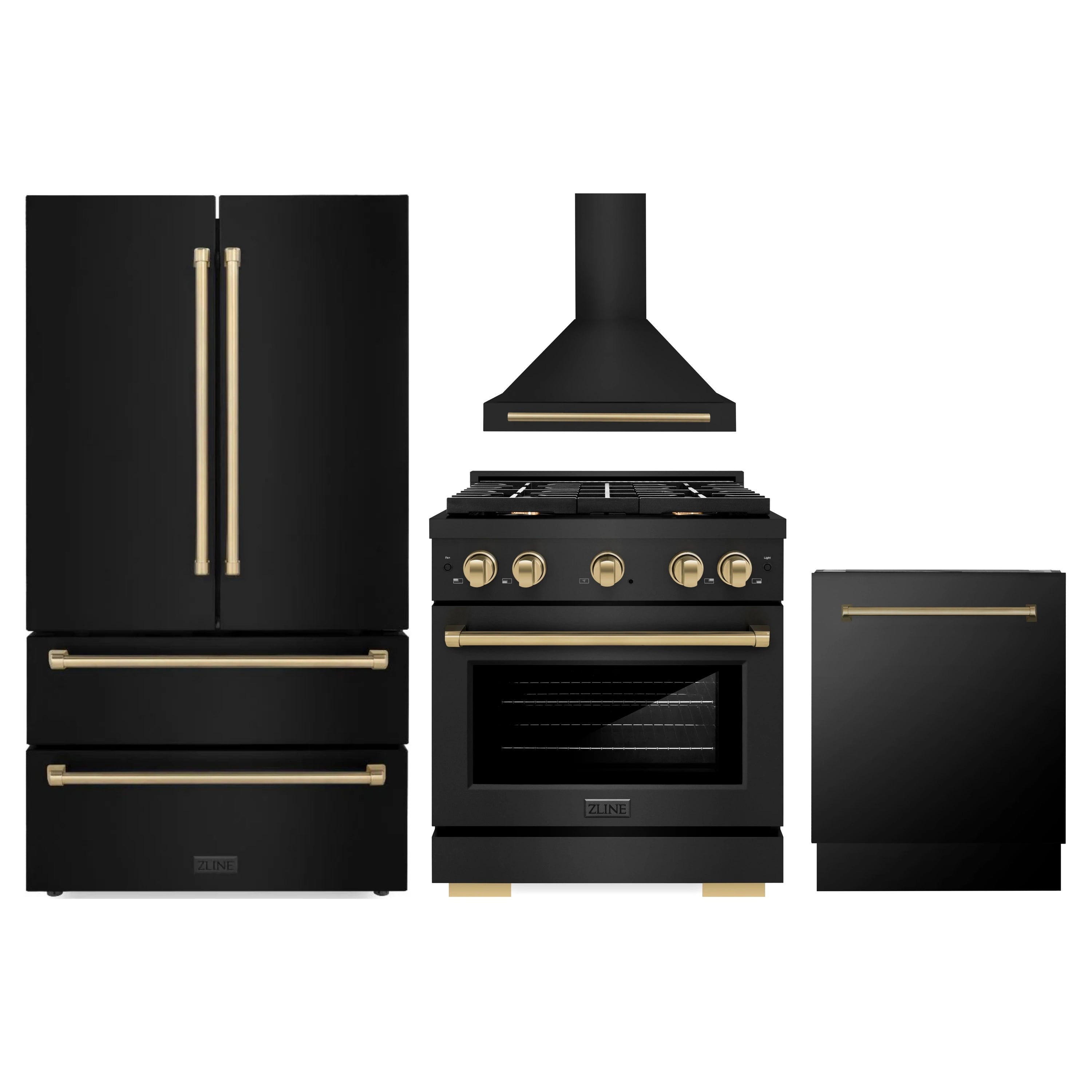 Black stainless appliance set with gold accents: refrigerator, range, hood, and dishwasher