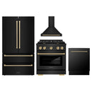 ZLINE 4-Piece Appliance Package - 30-Inch Paramount Gas Range, Wall Mount Range Hood, 36-Inch French Door Refrigerator, Dishwasher, in Black Stainless Steel with Champagne Bronze Accents