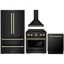 ZLINE 4-Piece Appliance Package - 30-Inch Paramount Gas Range, Wall Mount Range Hood, 36-Inch French Door Refrigerator, Dishwasher, in Black Stainless Steel with Gold Accents