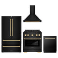 ZLINE 4-Piece Appliance Package - 30-Inch Paramount Gas Range, Wall Mount Range Hood, 36-Inch French Door Refrigerator, Dishwasher, in Black Stainless Steel with Gold Accents