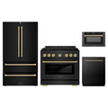 ZLINE 4-Piece Appliance Package - 36-Inch Paramount Gas Range, Refrigerator, Dishwasher, and 24-Inch Microwave Drawer in Black Stainless Steel with Champagne Bronze Accents