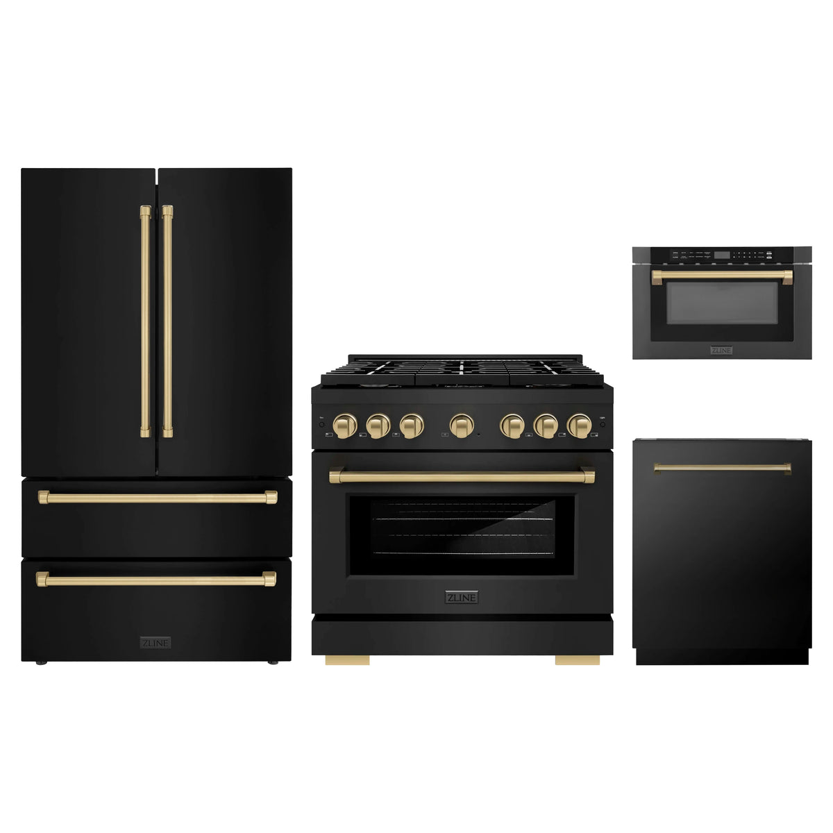 ZLINE 4-Piece Appliance Package - 36-Inch Paramount Gas Range, Refrigerator, Dishwasher, and 24-Inch Microwave Drawer in Black Stainless Steel with Champagne Bronze Accents